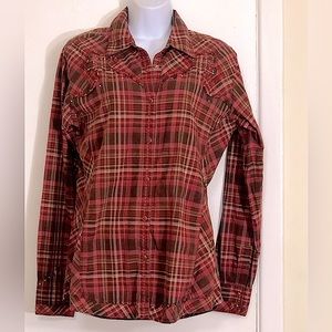 Wrangler Embellished Shirt With Snaps,Studs Fringe in Brown, Pink Plaid. W’s Med